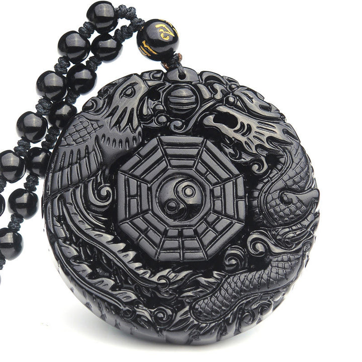 Buddha Stones Bagua Dragon Phoenix Obsidian Fulfilment Pendant Necklace - Obsidian - image 0