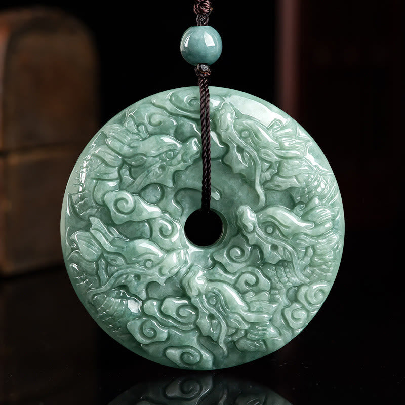 Buddha Stones Year of the Dragon Natural Jade Nine Dragons Peace Buckle Protection Necklace Pendant - image 1