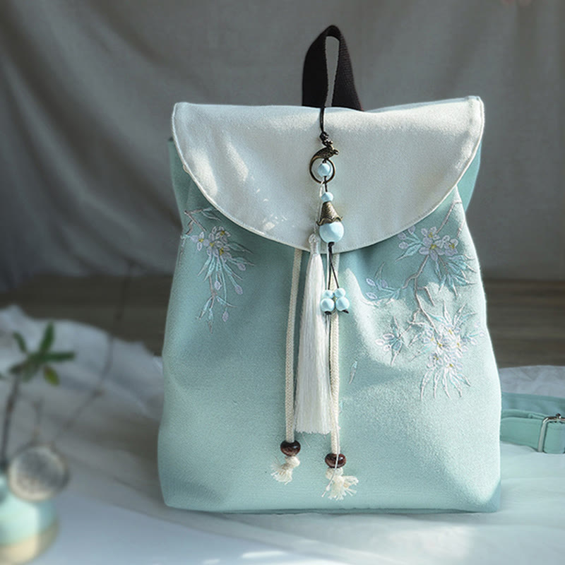 Buddha Stones Handmade Embroidered Large Capacity Canvas Backpack - Green Pear Blossom - image 0