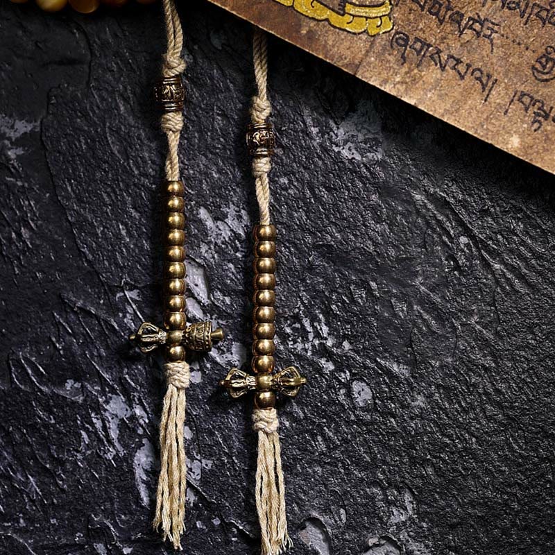 Buddha Stones 108 Mala Beads Natural Tiger Eye Copper Dorje Protection Tassel Bracelet - image 5