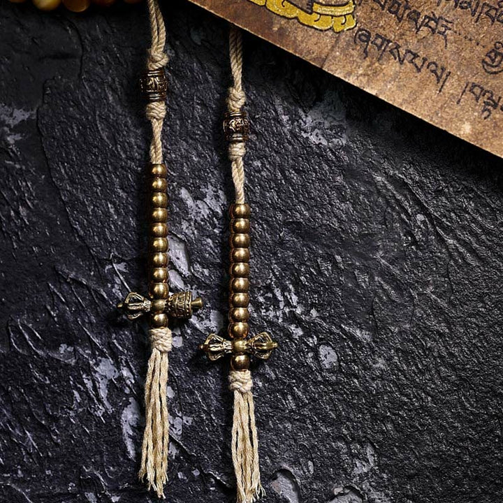 Buddha Stones 108 Mala Beads Natural Tiger Eye Copper Dorje Protection Tassel Bracelet - image 5