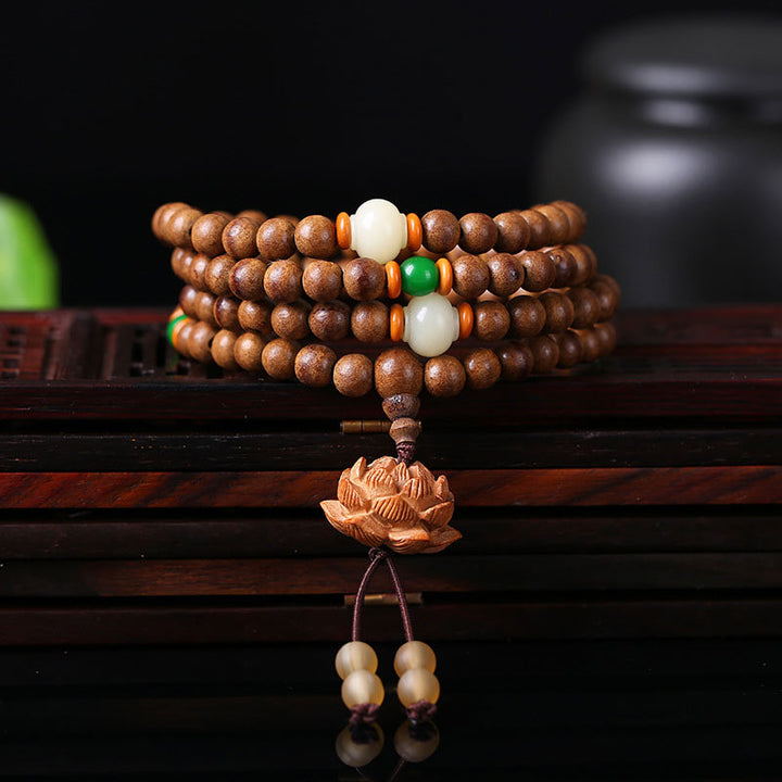 Buddha Stones 108 Mala Beads Peach Wood Bodhi Seed Lotus Prayer Meditation Bracelet - Lotus Peach Wood - image 0