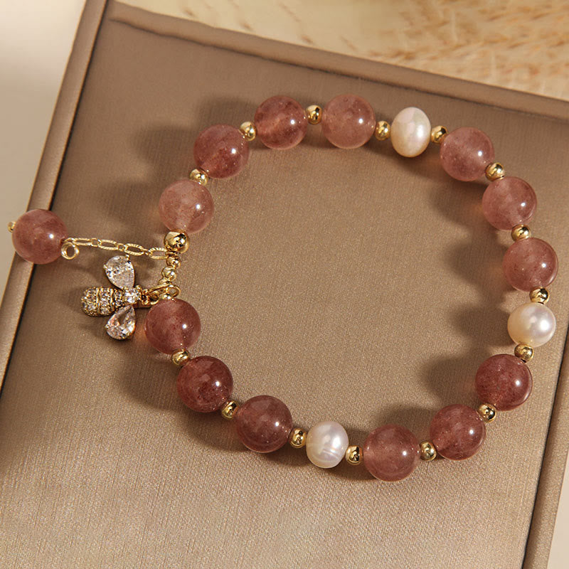 Buddha Stones Strawberry Quartz Pearl Cute Zircon Honeybee Positive Charm Bracelet - image 7