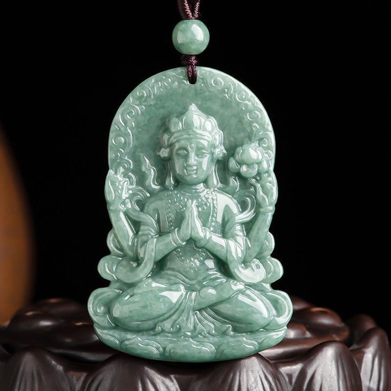 Buddha Stones Four-armed Avalokitesvara Natural Jade Amulet Blessing String Necklace - AVALOKITESVARA SYMBOL (Wealth ♥ Success) - image 0