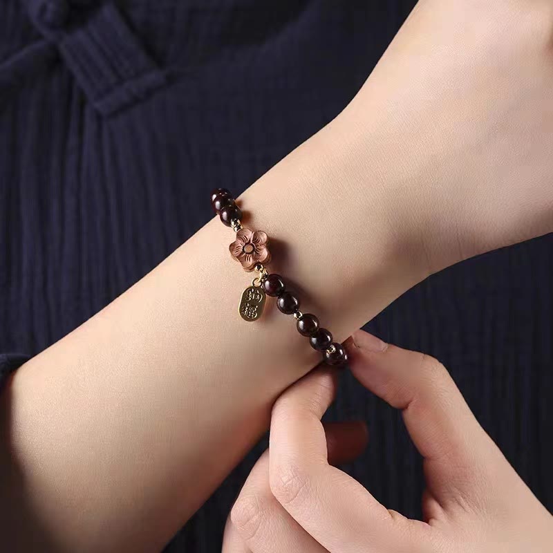 Buddha Stones Natural Sandalwood Peach Blossom Small Leaf Red Sandalwood Ruyi Charm Protection Bracelet - image 5
