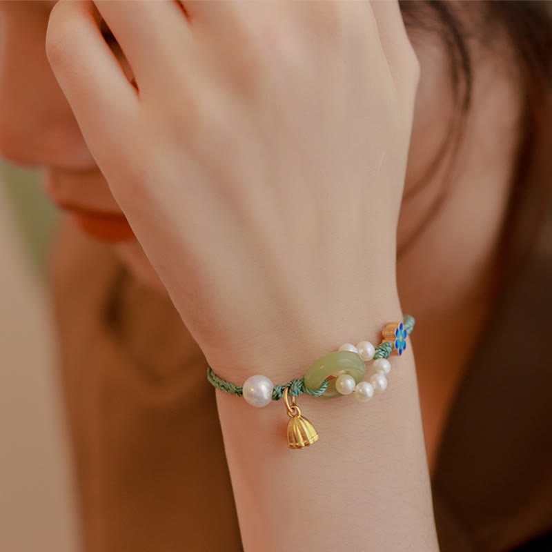 Buddha Stones Natural Hetian Jade Peace Buckle Pearl Luck Handcrafted Braided Bracelet - image 9