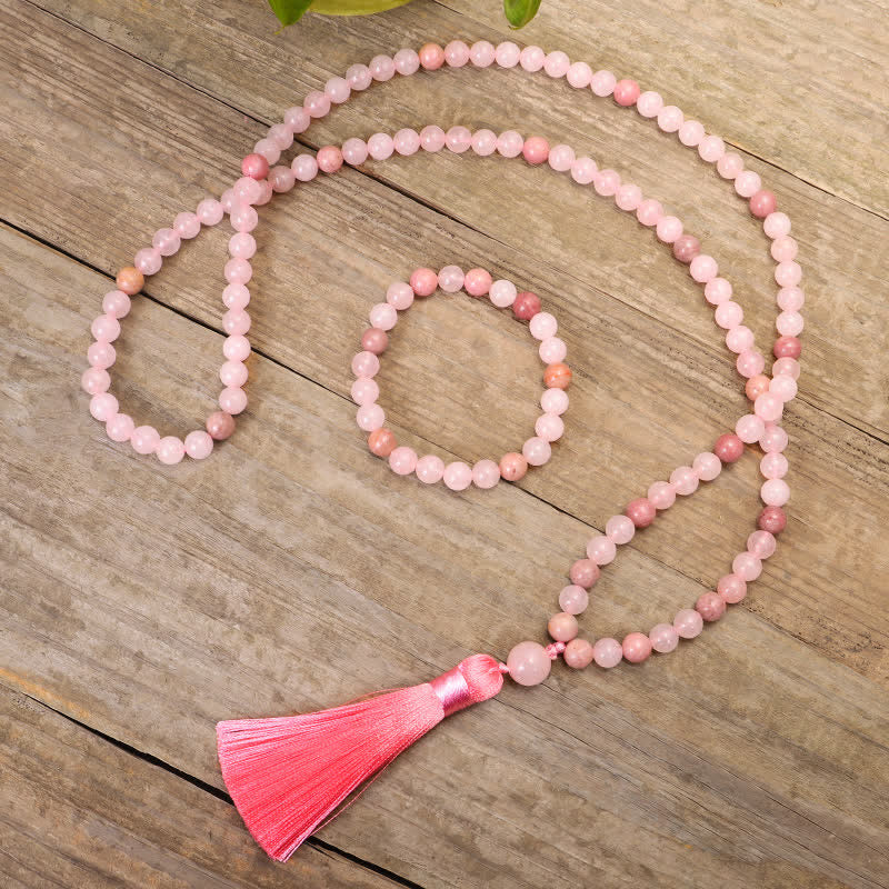 Buddha Stones 108 Mala Beads Pink Crystal Love Tassel Bracelet - image 1
