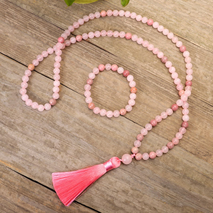 Buddha Stones 108 Mala Beads Pink Crystal Love Tassel Bracelet - image 1