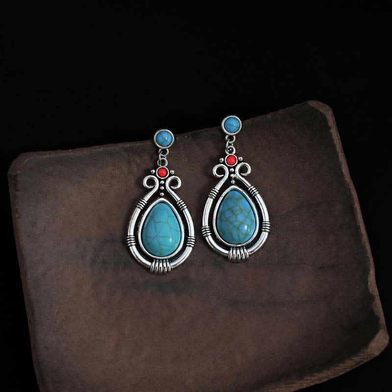 Tibet Vintage Turquoise Waterdrop Strength Drop Dangle Earrings Clips - image 1