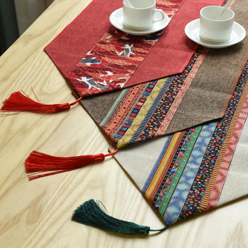 Buddha Stones Classic Chinese Style Lotus Koi Fish Flower Crane Calligraphy Enlightenment Cotton Linen Tassels Table Runner - image 30