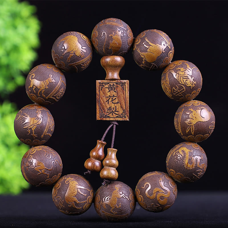 Buddha Stones Chinese Zodiac Rosewood Ebony Copper Coin PiXiu Carved Warmth Bracelet - Rosewood 12 Zodiac - image 0