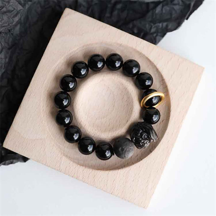 Buddha Stones Black Obsidian Silver Sheen Obsidian Lion Strength Bracelet - 22cm - image 0