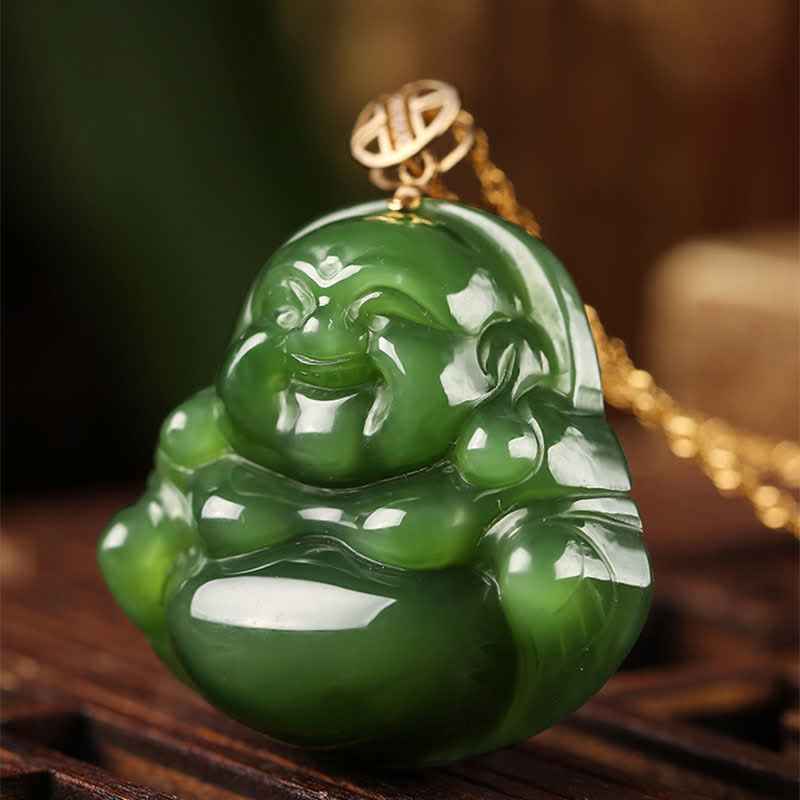 Buddha Stones 925 Sterling Silver Laughing Buddha Hetian Cyan Jade 18K Gold Success Necklace Chain Pendant - image 6