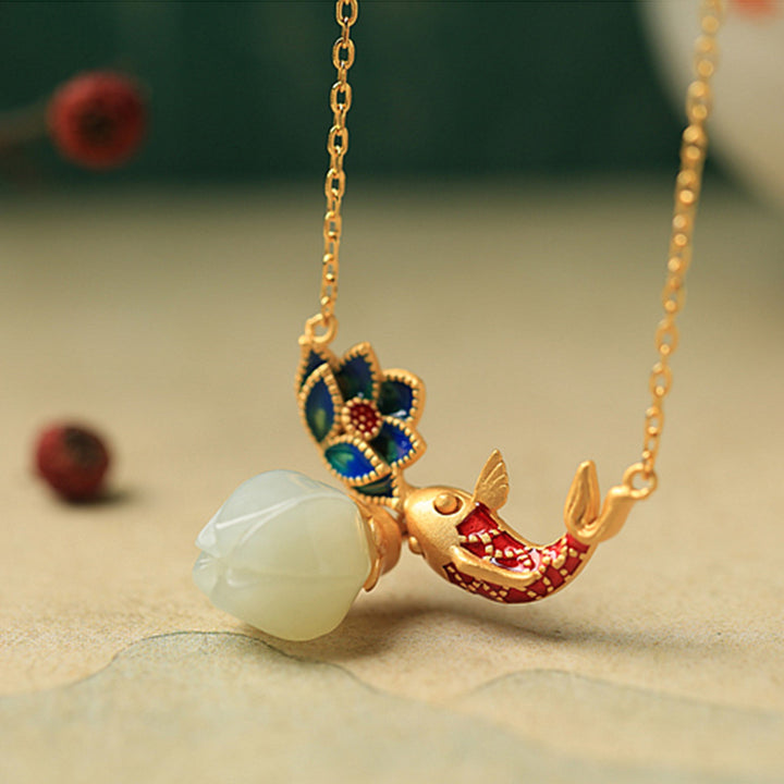 Buddha Stones White Jade Koi Fish Lotus Copper Protection Necklace Pendant - image 2