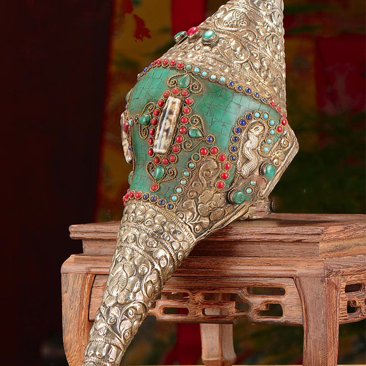 Buddha Stones Tibetan Handmade Engraved Shankha Double Dorje Buddha Conch Shell Wealth Positive Decoration - image 4