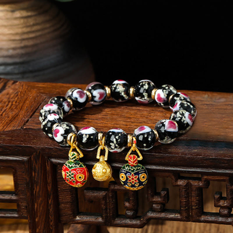 Buddha Stones Gold Swallowing Beast Family Pink Love Heart Luminous Fluorescent Liuli Glass Bead Bracelet - Black - Gold Swallowing Beast Family - image 12