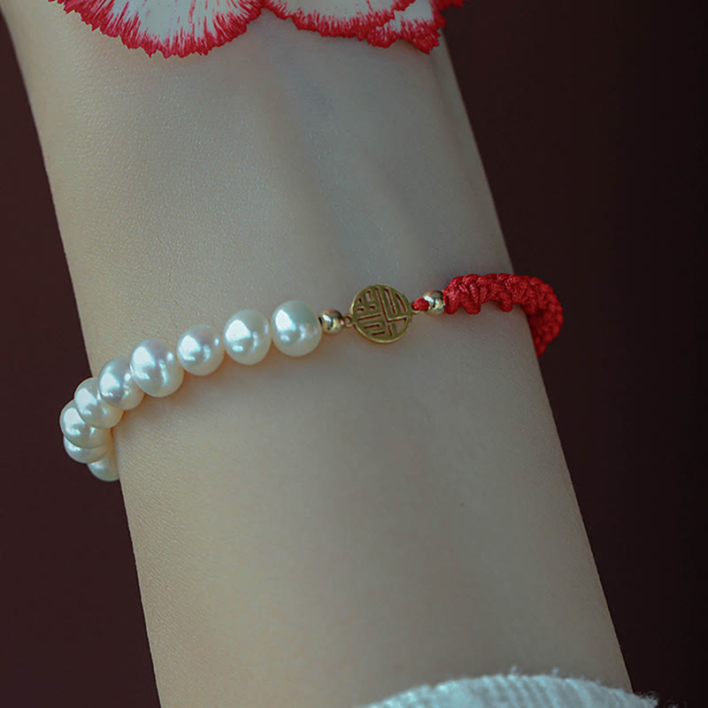 Buddha Stones 14K Gold Plated Pearl Bead Luck Protection Braid Red String Bracelet - image 15