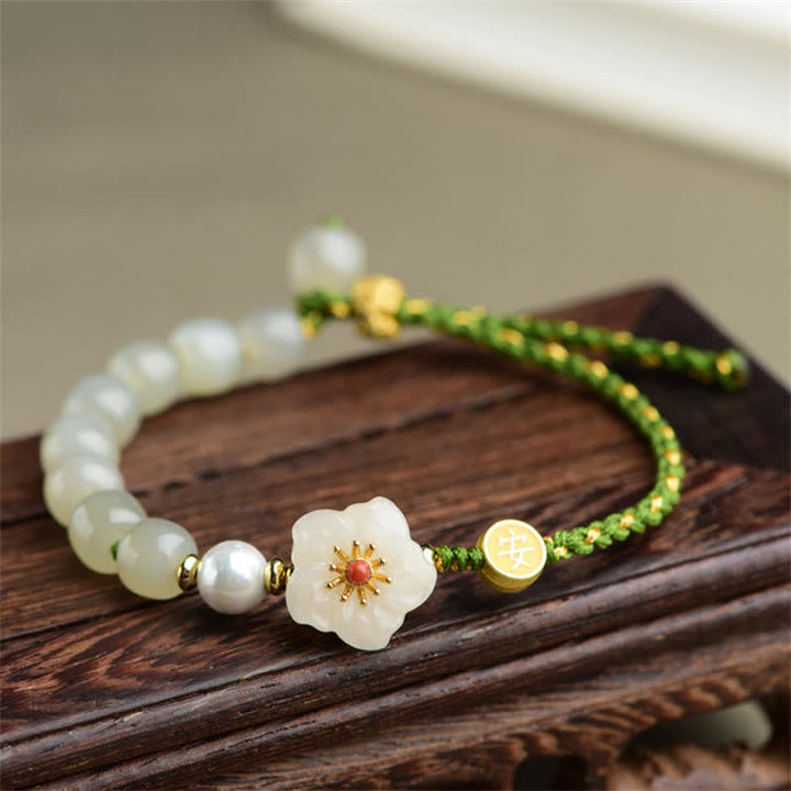 Buddha Stones 925 Sterling Silver Natural Hetian Jade Peach Blossom Luck Bracelet - Hetian Jade(Prosperity♥Abundance) - image 0