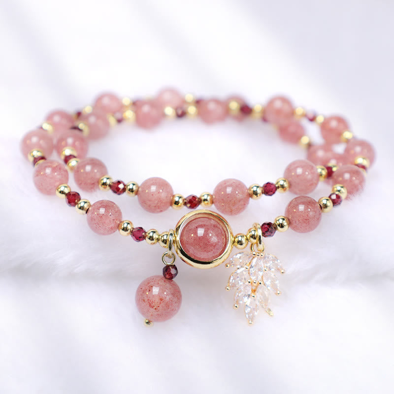 Buddha Stones Natural Strawberry Quartz Love Healing Maple Leaf Charm Double Wrap Bracelet - image 2