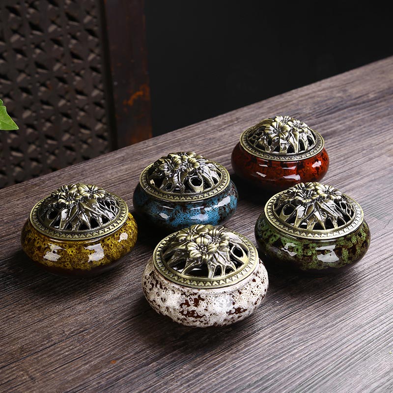 Buddha Stones Flower Pattern Ceramic Blessing Meditation Incense Burner Decoration - image 1