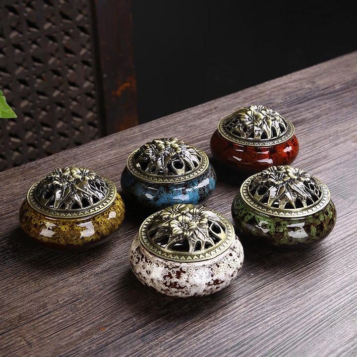 Buddha Stones Flower Pattern Ceramic Blessing Meditation Incense Burner Decoration - image 1