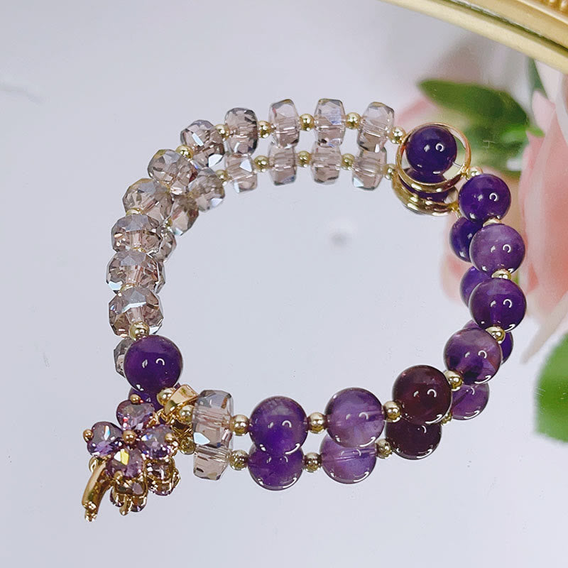Buddha Stones Amethyst Crystal Four Leaf Clover Healing Charm Bracelet - image 1