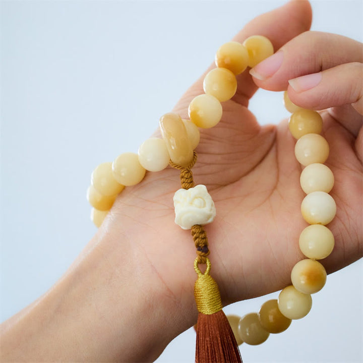 Buddha Stones Natural Bodhi Seed Ivory Fruit Dancing Lion Charm Harmony Tassel Wrist Mala - image 1