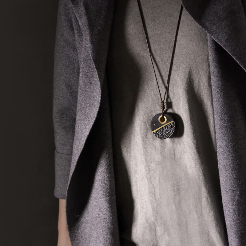 Buddha Stones Handcrafted Round Ebony Wood Brass Copper Peace Necklace Pendant - image 3