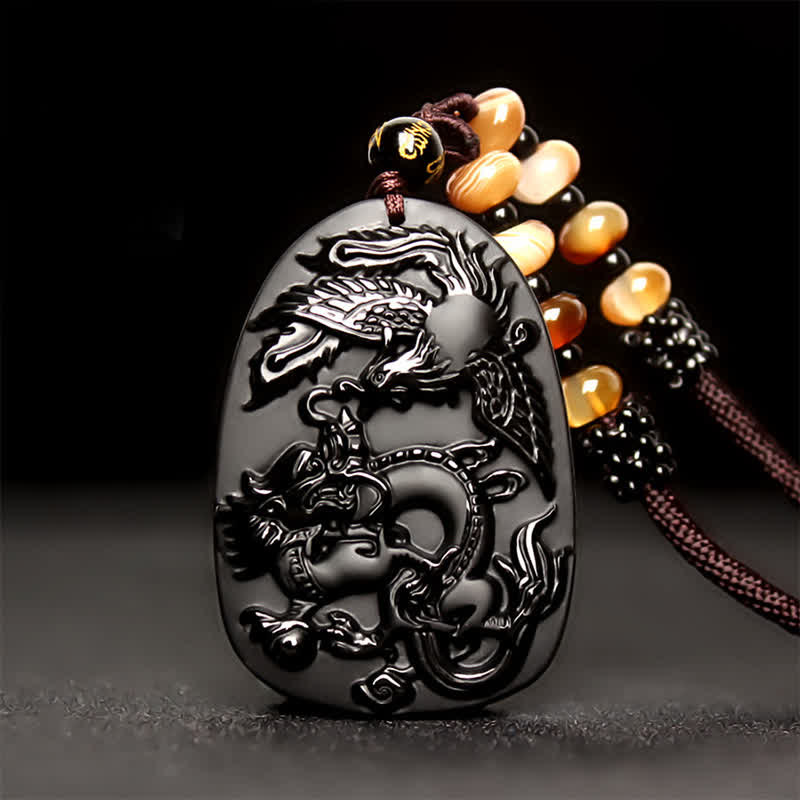 Buddha Stones Black Obsidian Tiger Eye Dragon Phoenix Protection Beaded Necklace Pendant - image 0