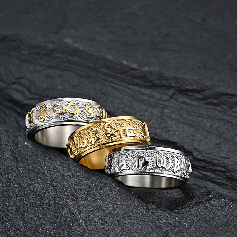 Buddha Stones Six True Words Balance Calm Titanium Steel Ring - image 1