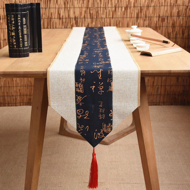 Buddha Stones Classic Chinese Style Lotus Koi Fish Flower Crane Calligraphy Enlightenment Cotton Linen Tassels Table Runner - Beige Blue Calligraphy - 30*180cm - image 35