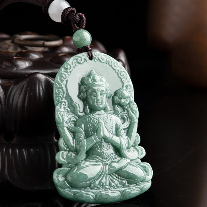 Buddha Stones Four-armed Avalokitesvara Natural Jade Amulet Blessing String Necklace - image 4