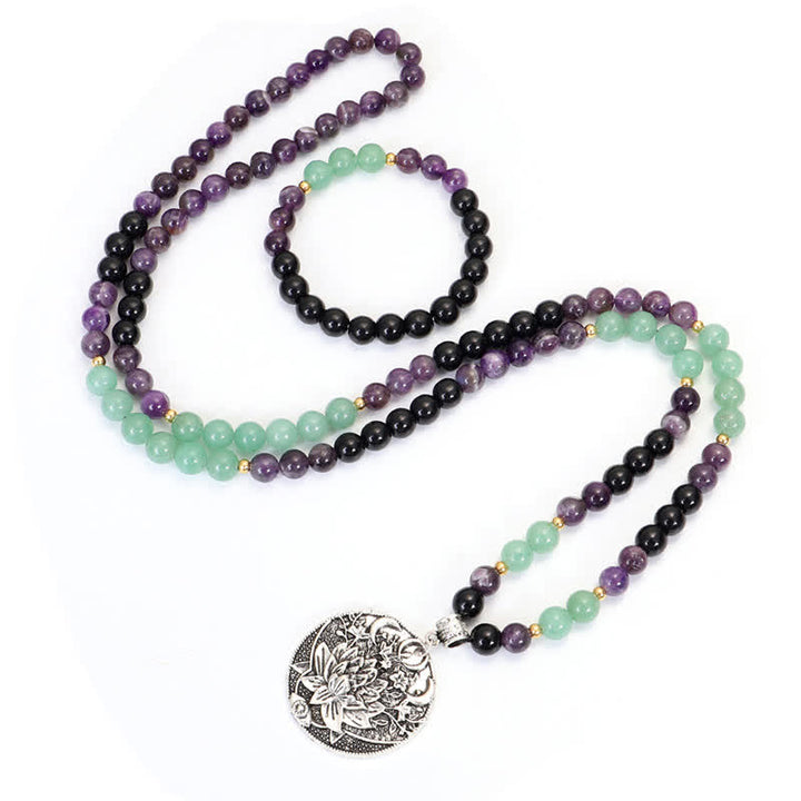 Buddha Stones 108 Mala Beads Amethyst Green Aventurine Lotus Meditation Bracelet - image 11