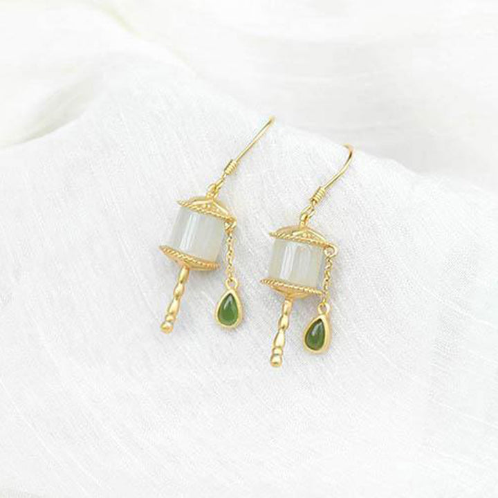 Buddha Stones 925 Sterling Silver Jade Prayer Wheel Luck Drop Earrings - image 7