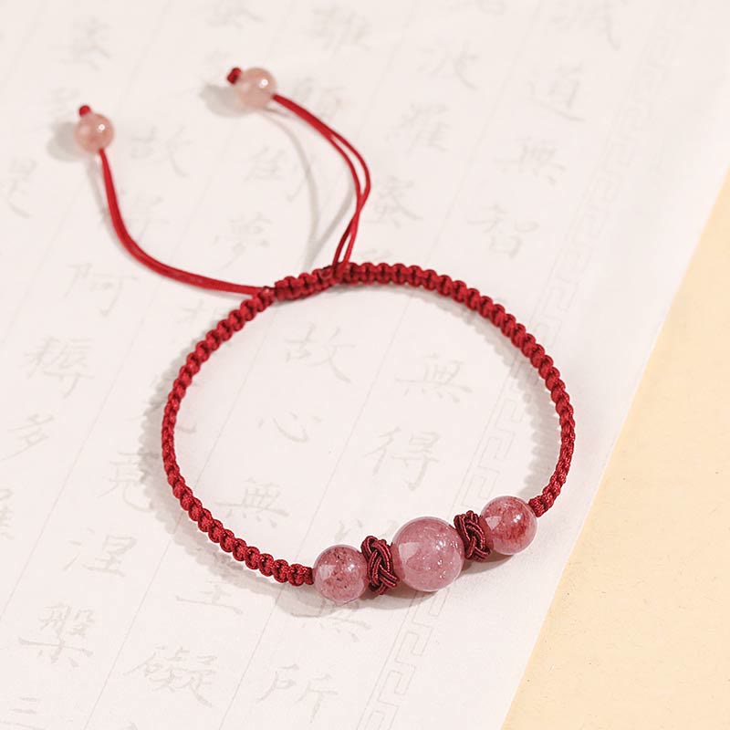 Buddha Stones Natural Strawberry Quartz Crystal Love Red String Weave Bracelet Anklet - Three Beads Red Bracelet(Wrist Circumference 14-20cm) - image 1