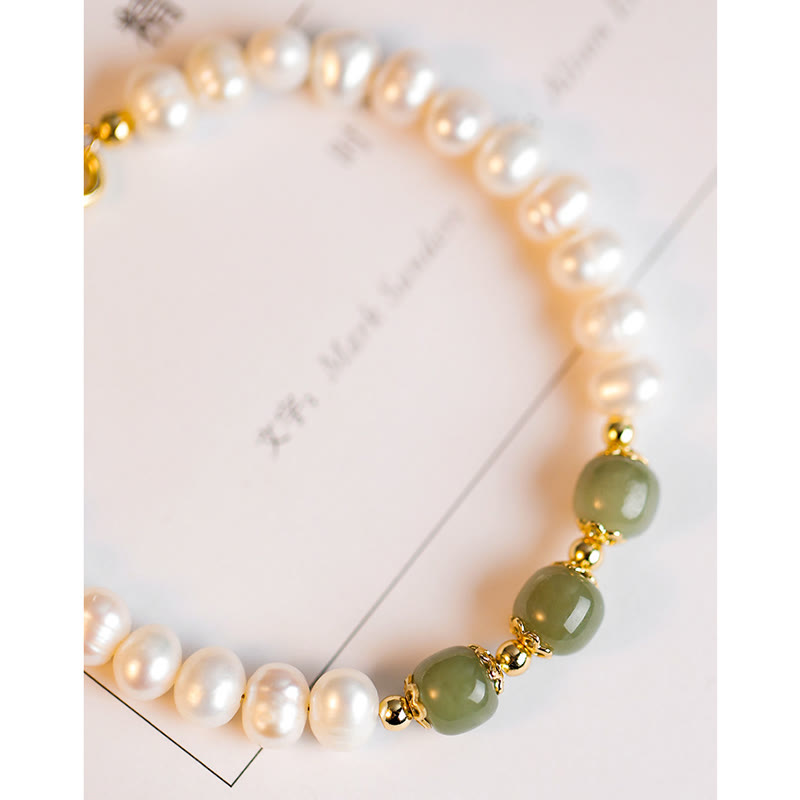 Buddha Stones 14K Gold Plated Natural Pearl Hetian Cyan Jade White Jade Sincerity Bead Chain Bracelet - image 7