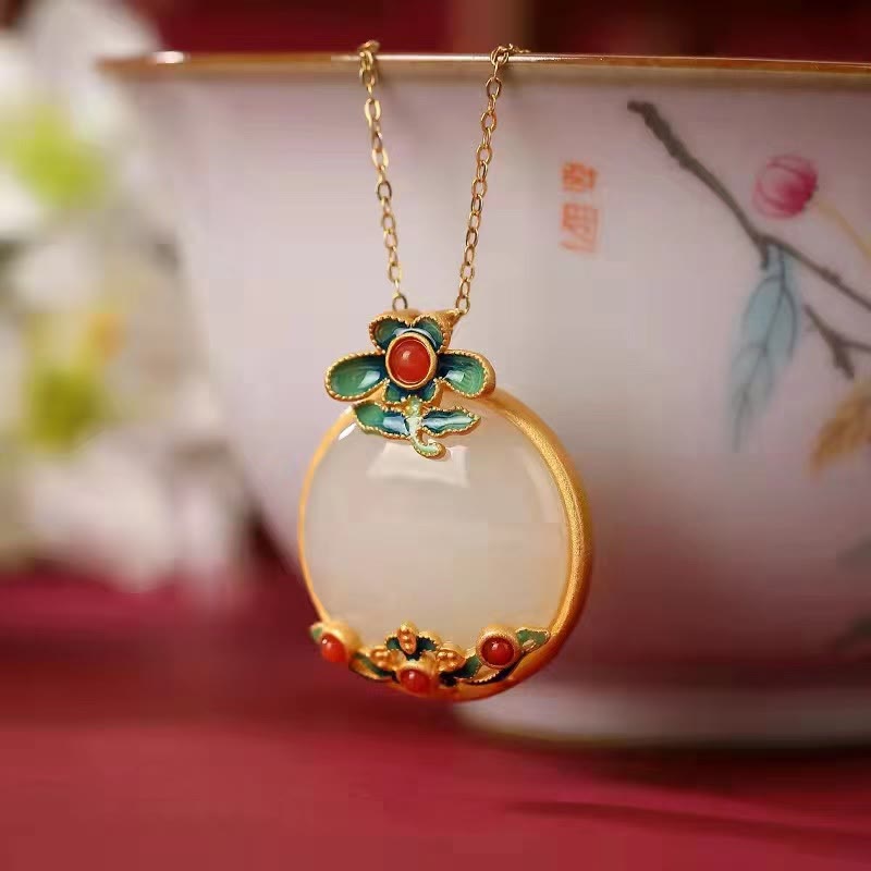 White Jade Red Agate Flower Blessing Luck Necklace Pendant - image 1