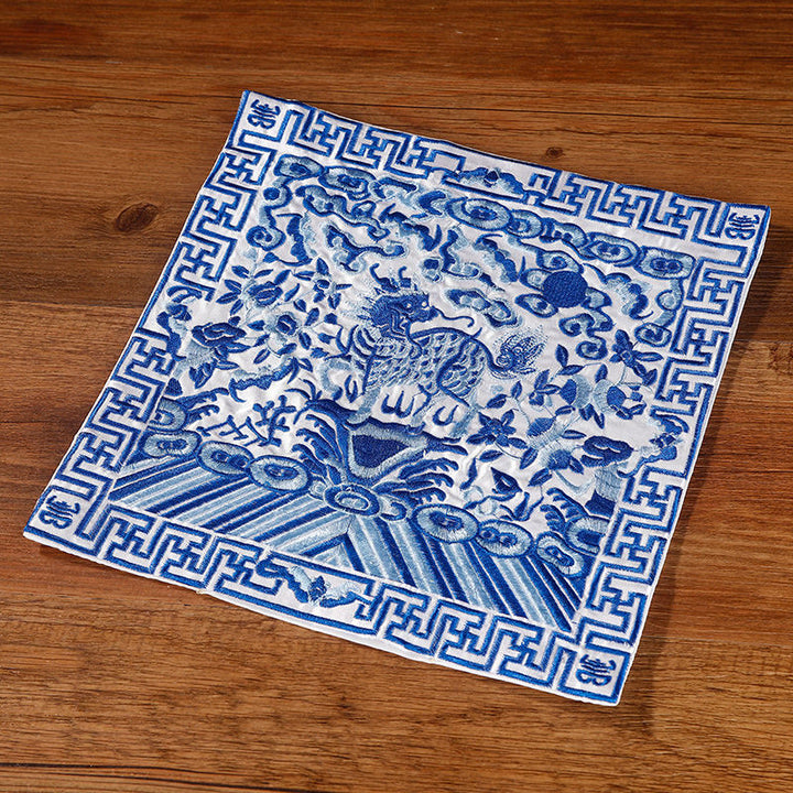 Buddha Stones Crane Phoenix Dragon Kirin Embroidered Cup Mat Pad Tea Cup Coaster Square Kung Fu Tea Mat - Blue And White Kirin - image 34