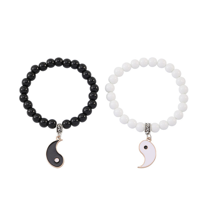 Buddha Stones 2Pcs Black Onyx White Turquoise Bead Yin Yang Protection Couple Bracelet - Gold Yin Yang - image 11