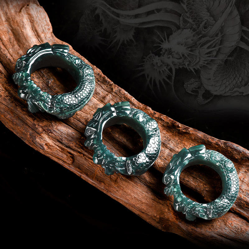 Buddha Stones Natural Cyan Jade Dragon Carved Success Ring - image 6