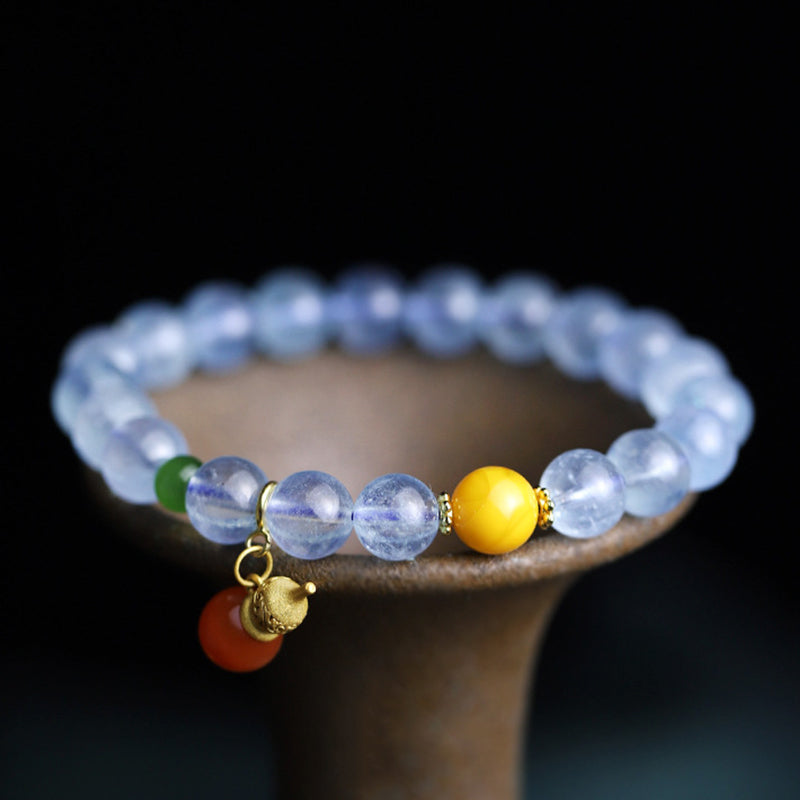 Buddha Stones Aquamarine Red Agate Peace Gourd Charm Bracelet - image 1