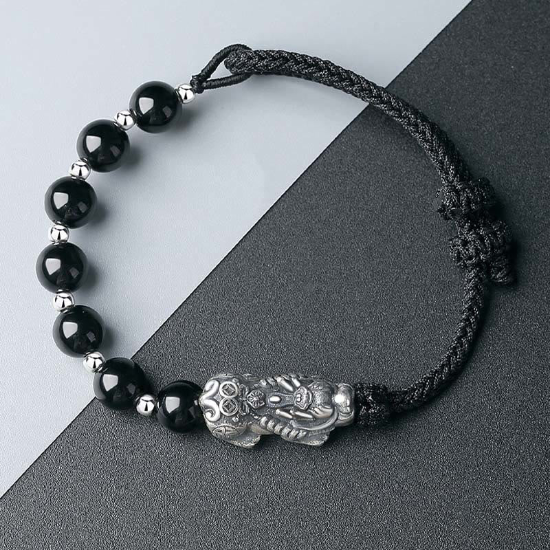 Buddha Stones 999 Sterling Silver FengShui PiXiu Natural Black Obsidian 925 Sterling Silver Bead Strength Bracelet - image 8