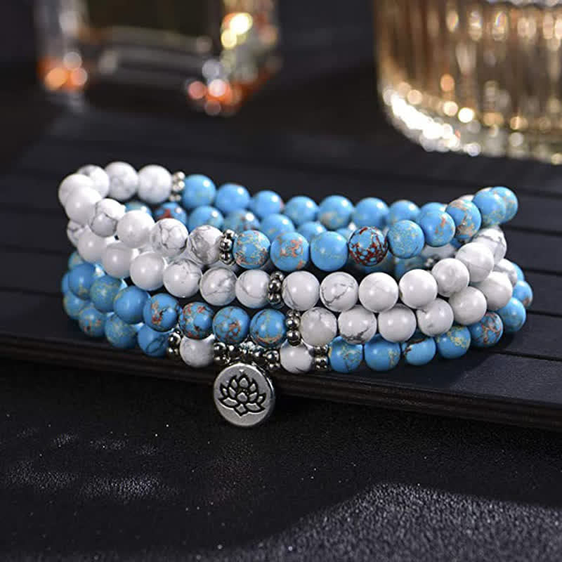 108 Mala Beads White Turquoise Emperor Stone Lotus Blessing Bracelet - image 1