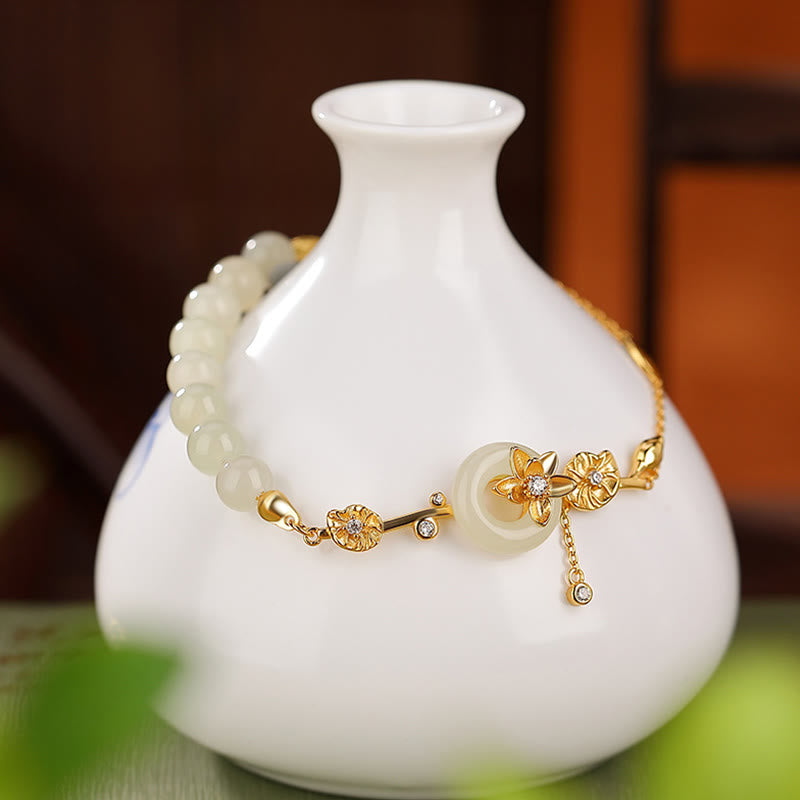 Buddha Stones 925 Sterling Silver Hetian Jade Peace Buckle Lotus Luck Chain Bracelet - image 2