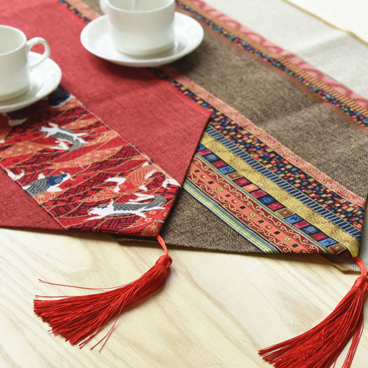 Buddha Stones Classic Chinese Style Lotus Koi Fish Flower Crane Calligraphy Enlightenment Cotton Linen Tassels Table Runner - image 29