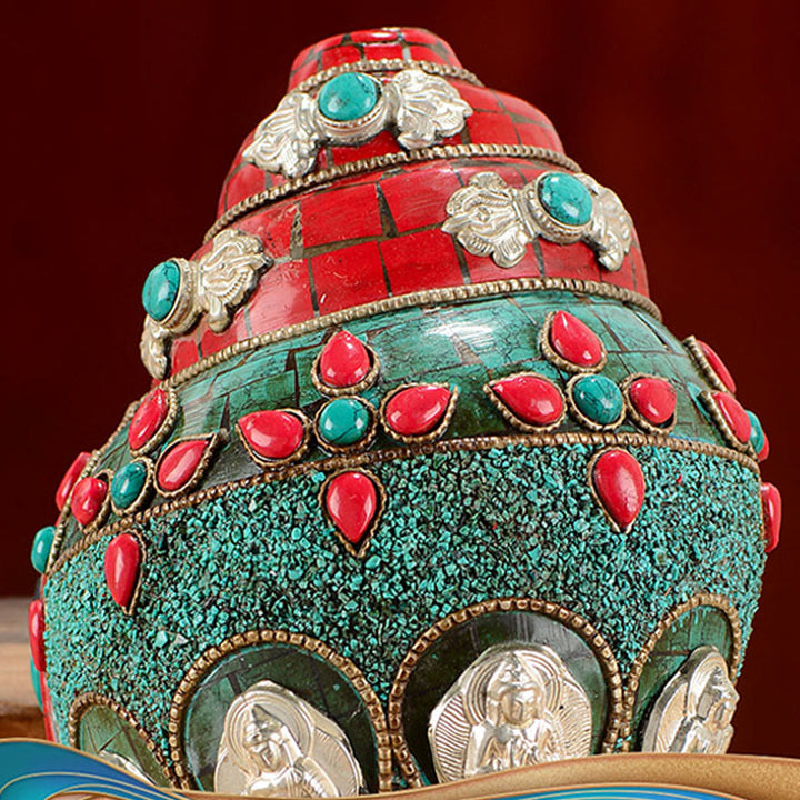 Tibetan Handmade Shankha Om Mani Padme Hum Buddha Avalokitesvara Turquoise Conch Shell Positive Decoration - image 5