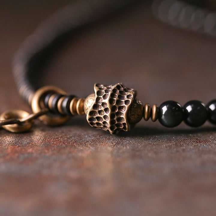 Buddha Stones Rainbow Obsidian Ebony Wood Copper Positive Multilayer Bracelet - image 8