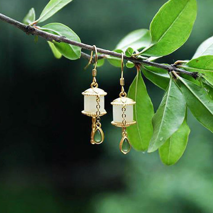 Buddha Stones 925 Sterling Silver Jade Prayer Wheel Luck Drop Earrings - image 3