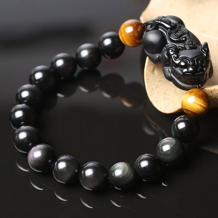 Buddha Stones FengShui PiXiu Rainbow Obsidian Tiger Eye Wealth Bracelet - 14mm - image 0