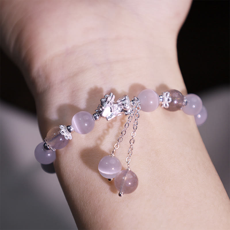 Buddha Stones Natural Cat's Eye Moonstone Strawberry Quartz PiXiu Support Bracelet - image 4